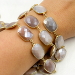Load image into Gallery viewer, Coated Chocolate Moonstone Rectangular Shape Bezel Gold Plated Silver Wire Chain. CMS29