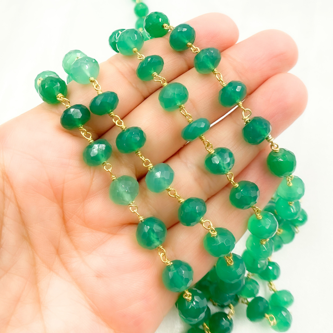 Green Onyx Rondel Faceted Gold Plated Wire Chain. GRE3