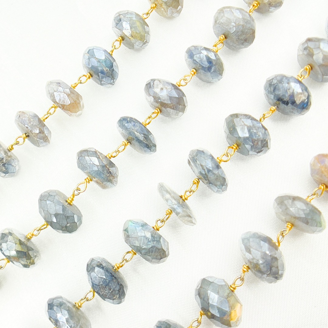 Coated Labradorite Faceted Rondel Gold Plated Wire Chain. CLB34
