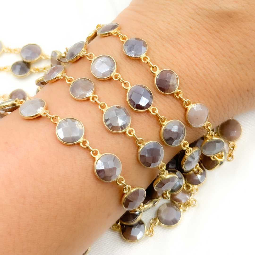 Coated Chocolate Moonstone Round Shape Bezel Gold Plated Wire Chain. CMS112