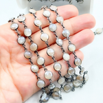 Load image into Gallery viewer, Coated White Moonstone Round Shape Bezel Oxidized Wire Chain. CMS101