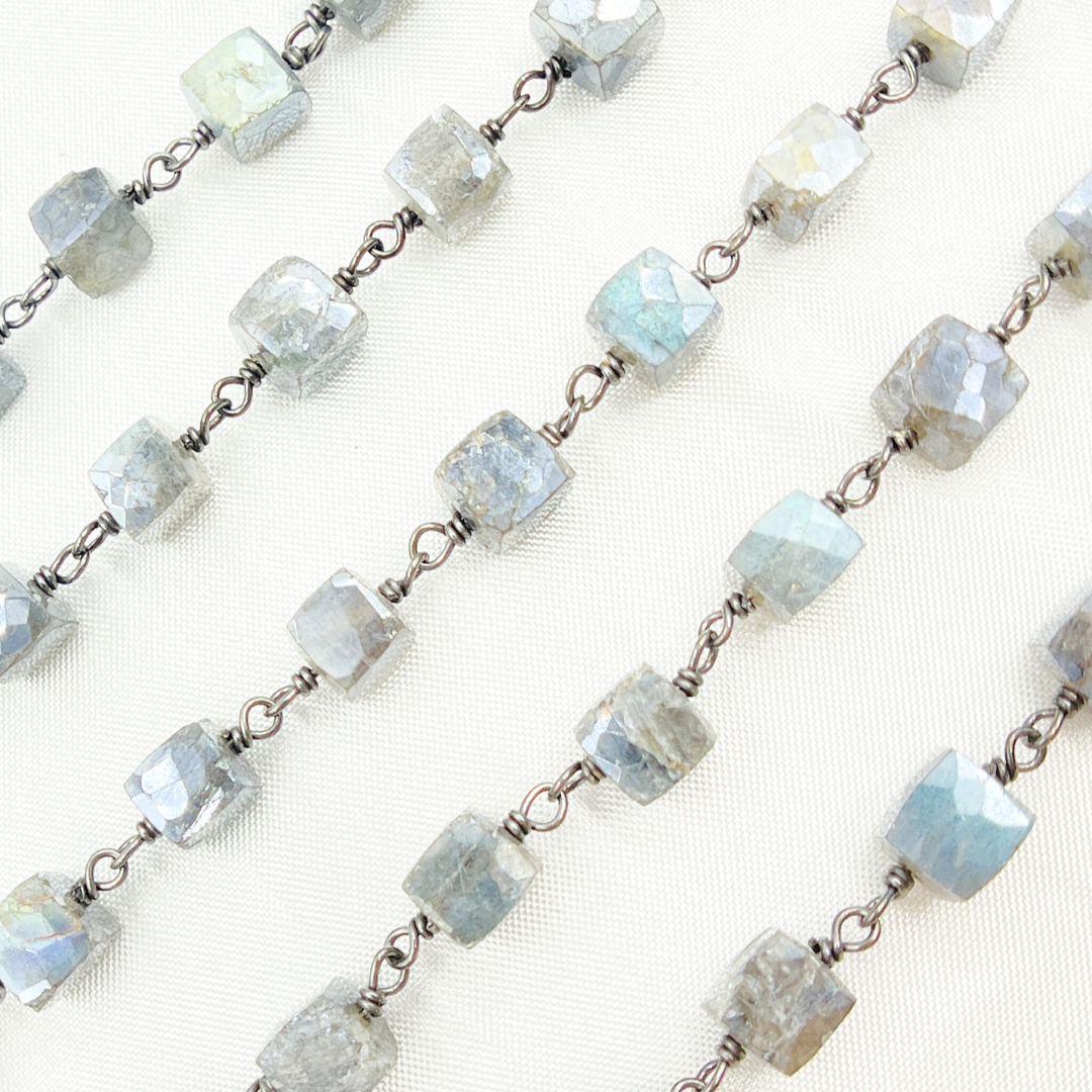 Coated Labradorite Cube Shape Oxidized Wire Chain. CLB50