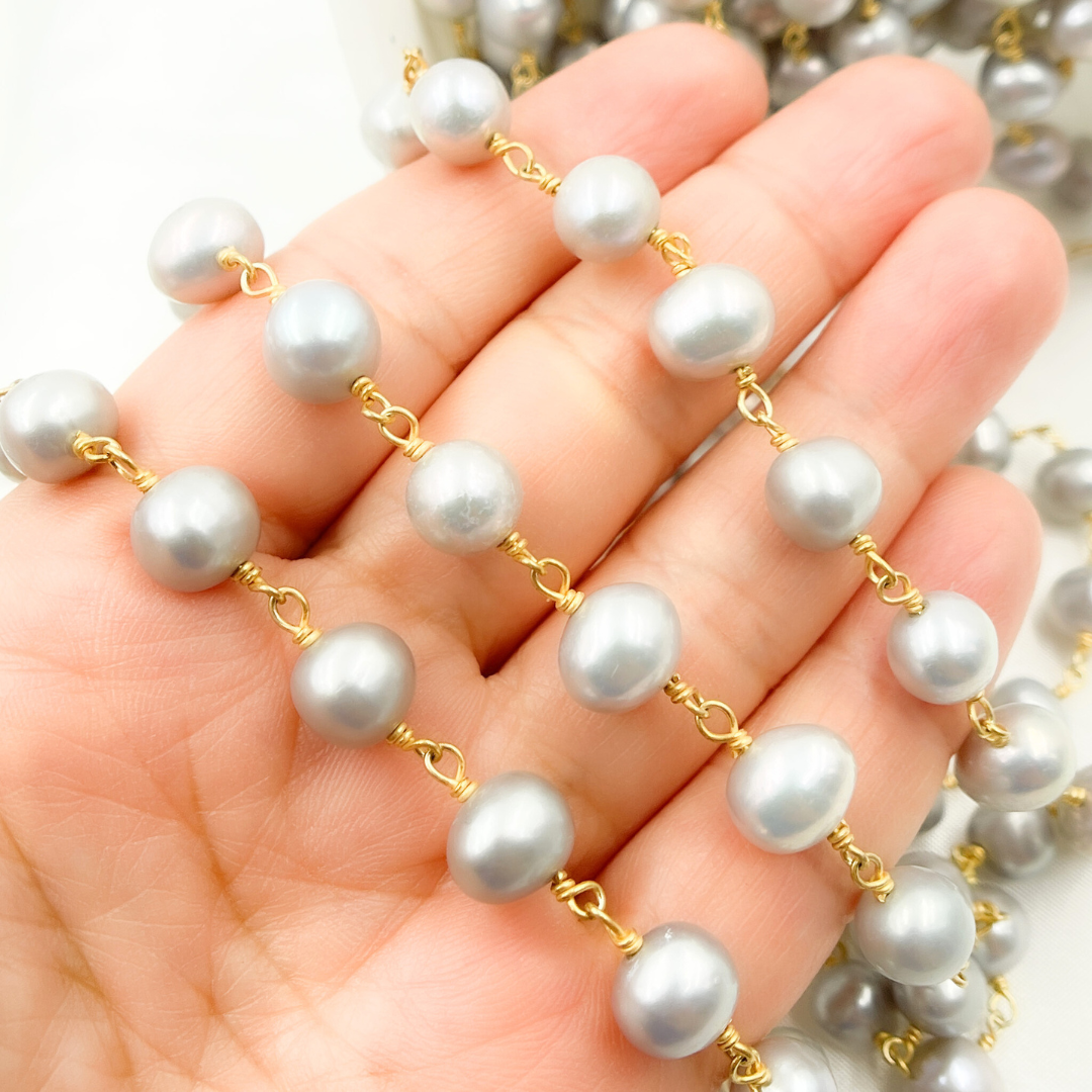 Grey Pearl Round Gold Plated Wire Chain. PRL48