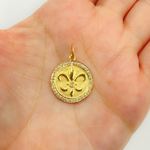 Load image into Gallery viewer, GDP136. 14K Solid Gold with Diamonds Circle Shape Charm with Fleur De Lis of in the Center