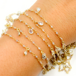 Load image into Gallery viewer, Coated Peach Moonstone & CZ Dangle Gold Plated Wire Chain