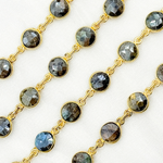 Load image into Gallery viewer, Coated Labradorite Round Shape Bezel Gold Plated Wire Chain. LAB112