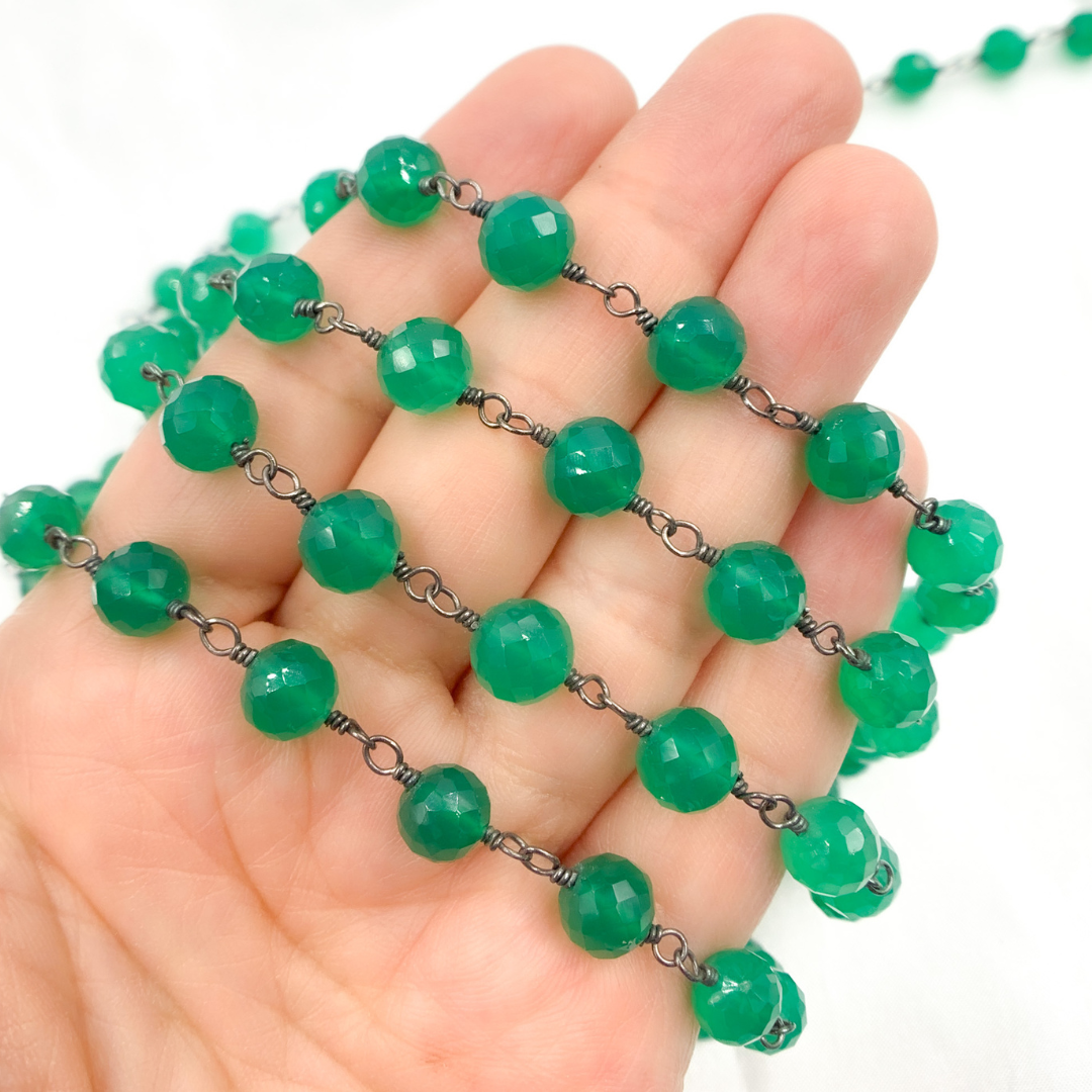Green Onyx Rondel Faceted Shape Oxidized Wire Chain. GRE6