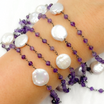 Load image into Gallery viewer, Amethyst &amp; Pearl Round Shape Bezel Oxidized Wire Chain. AME33
