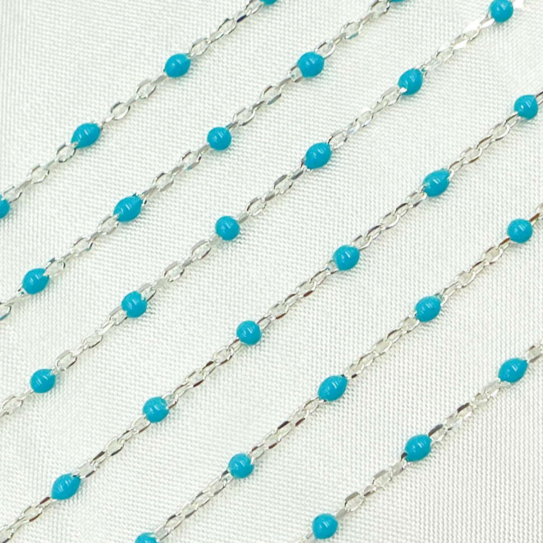 925 Sterling White Silver Enamel Turquoise Color Cable Chain.  V203TURSS