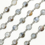 Load image into Gallery viewer, Coated Grey Moonstone Round Shape Bezel Oxidized Wire Chain. CMS105
