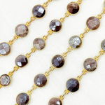 Load image into Gallery viewer, Coated Chocolate Moonstone Round Shape Bezel Gold Plated Wire Chain. CMS112