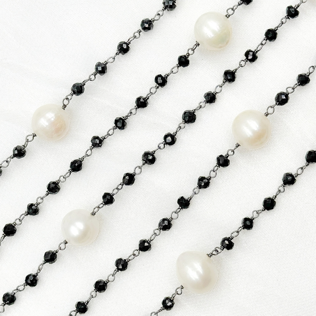 Black Spinel & Pearl Oxidized 925 Sterling Silver Wire Chain. BSP58
