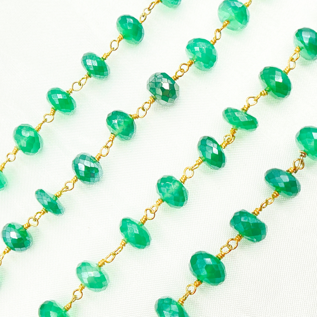Coated Green Onyx Rondel Faceted Gold Plated Wire Chain. GRE4