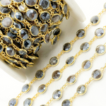 Load image into Gallery viewer, Coated Grey Moonstone Round Shape Bezel Gold Plated Wire Chain. CMS23
