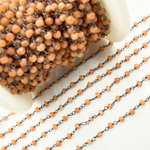 Load image into Gallery viewer, Peach Moonstone Wire Wrap Chain made with Black Rhodium Plate 925 Sterling Silver. MS36