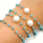 Load image into Gallery viewer, Turquoise & Pearl Gold Plated Wire Chain. TRQ44