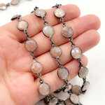 Load image into Gallery viewer, Coated Peach Moonstone Round Shape Bezel Oxidized Wire Chain. CMS110
