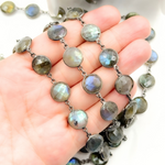 Load image into Gallery viewer, Labradorite Round Shape Bezel Oxidized Wire Chain. LAB115