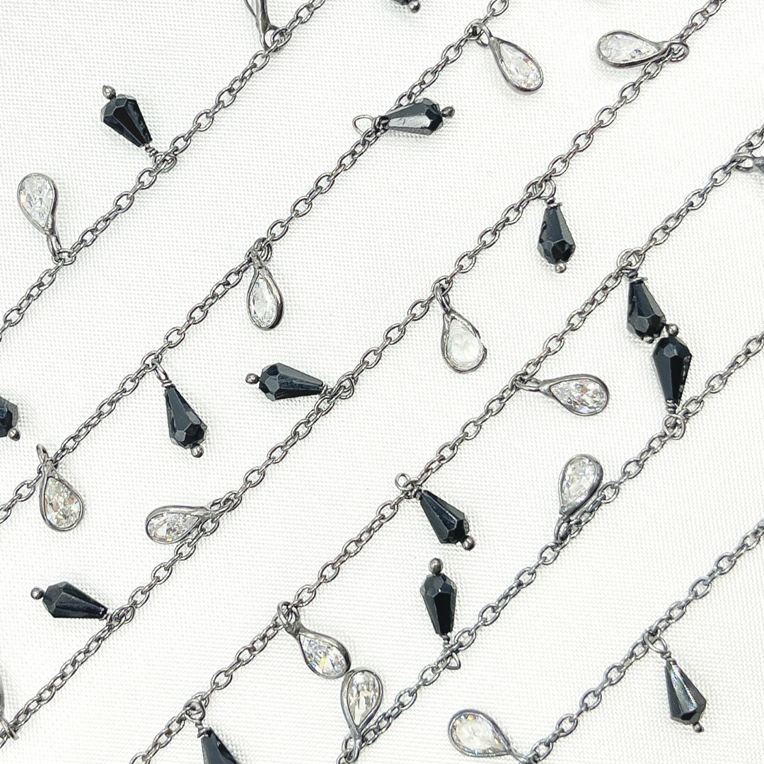Black Spinel Drop & CZ Pear Shape Dangle Oxidized Wire Chain. BSP39
