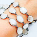 Load image into Gallery viewer, Coated White Moonstone Shape Bezel Oxidized Wire Chain. CMS97