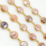 Load image into Gallery viewer, Coated Peach Moonstone Round Shape Bezel Gold Plated Wire Chain. CMS5