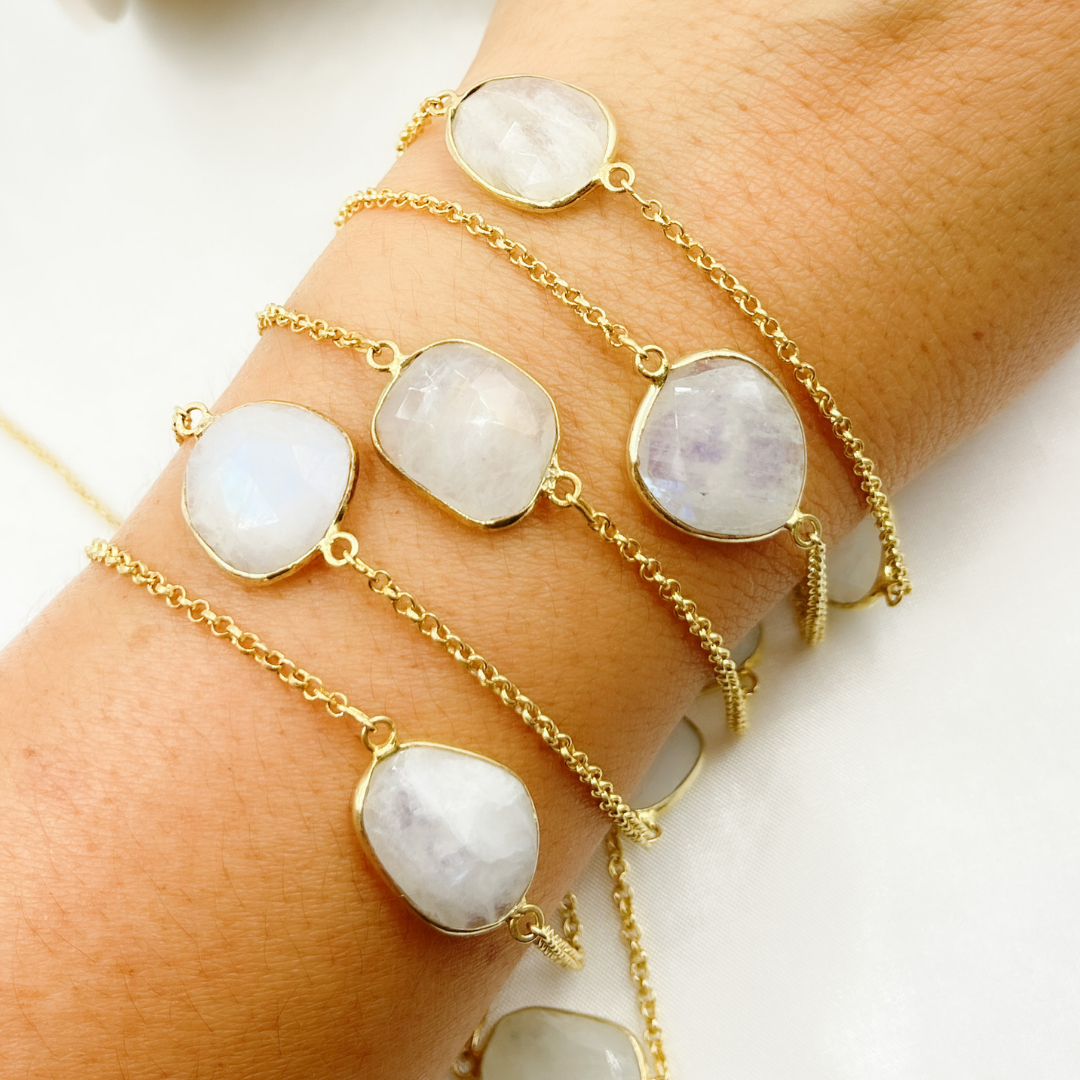 White Moonstone Organic Shape Bezel Gold Plated Connected Wire Chain