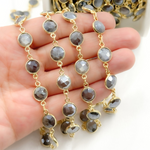 Load image into Gallery viewer, Coated Grey Moonstone Round Shape Bezel Gold Plated Wire Chain. CMS23