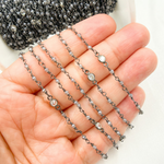 Load image into Gallery viewer, Coated Gray Moonstone & Round CZ Wire Wrap Chain made with Black Rhodium 925 Sterling Silver. CMS55