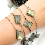 Load image into Gallery viewer, Labradorite Rectangle Shape Bezel Oxidized Connected Wire Chain. LAB116