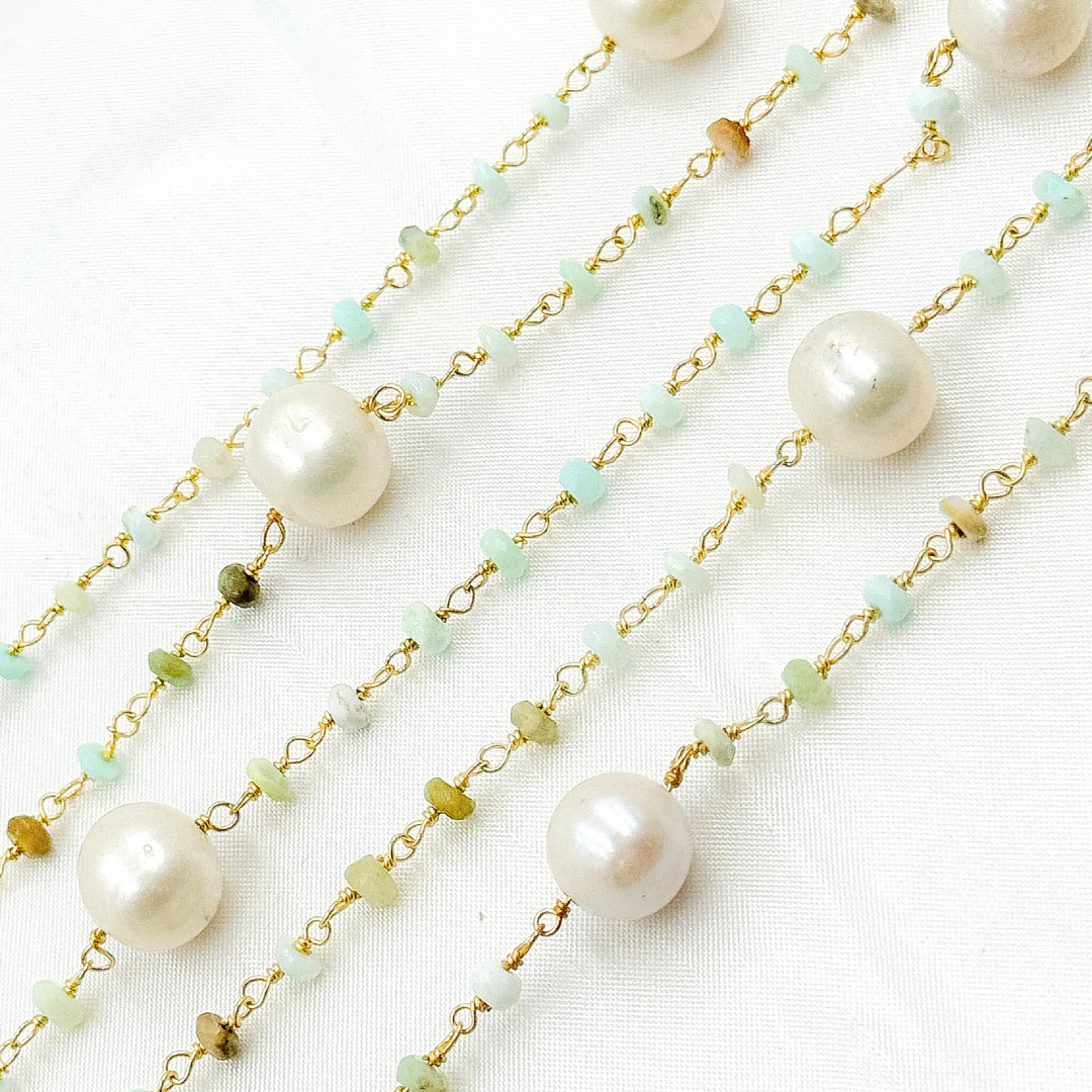 Peruvian Opal & Pearl Gold Plated 925 Sterling Silver Wire Chain. PO11