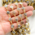 Load image into Gallery viewer, Coated Light Grey Moonstone Round Shape Bezel Gold Plated Wire Chain. CMS114