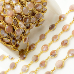 Load image into Gallery viewer, Coated Peach Moonstone Round Shape Bezel Gold Plated Wire Chain. CMS4