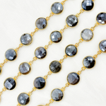 Load image into Gallery viewer, Coated Grey Moonstone Round Shape Bezel Gold Plated Wire Chain. CMS22