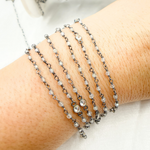 Load image into Gallery viewer, Labradorite & Round CZ Wire Wrap Chain made with Black Rhodium 925 Sterling Silver. LAB60