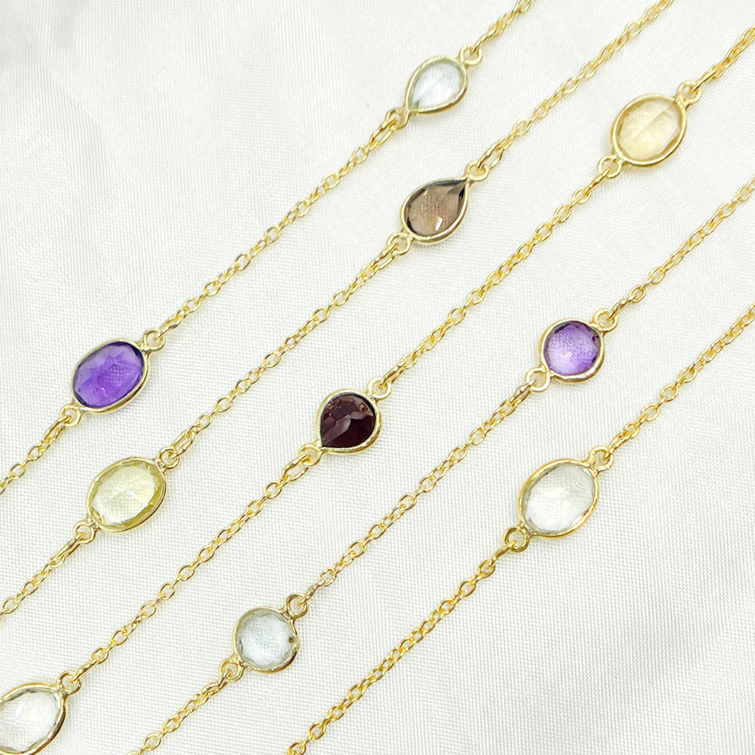 Multi Gemstone Organic Shape Gold Plated Connected Wire Chain. MGS13