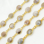Load image into Gallery viewer, Coated Light Grey Moonstone Round Shape Bezel Gold Plated Wire Chain. CMS114