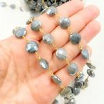 Load image into Gallery viewer, Coated Labradorite Coin Shape Gold Plated Wire Chain. CLB37