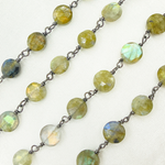 Load image into Gallery viewer, Labradorite Coin Oxidized Wire Chain. LAB62