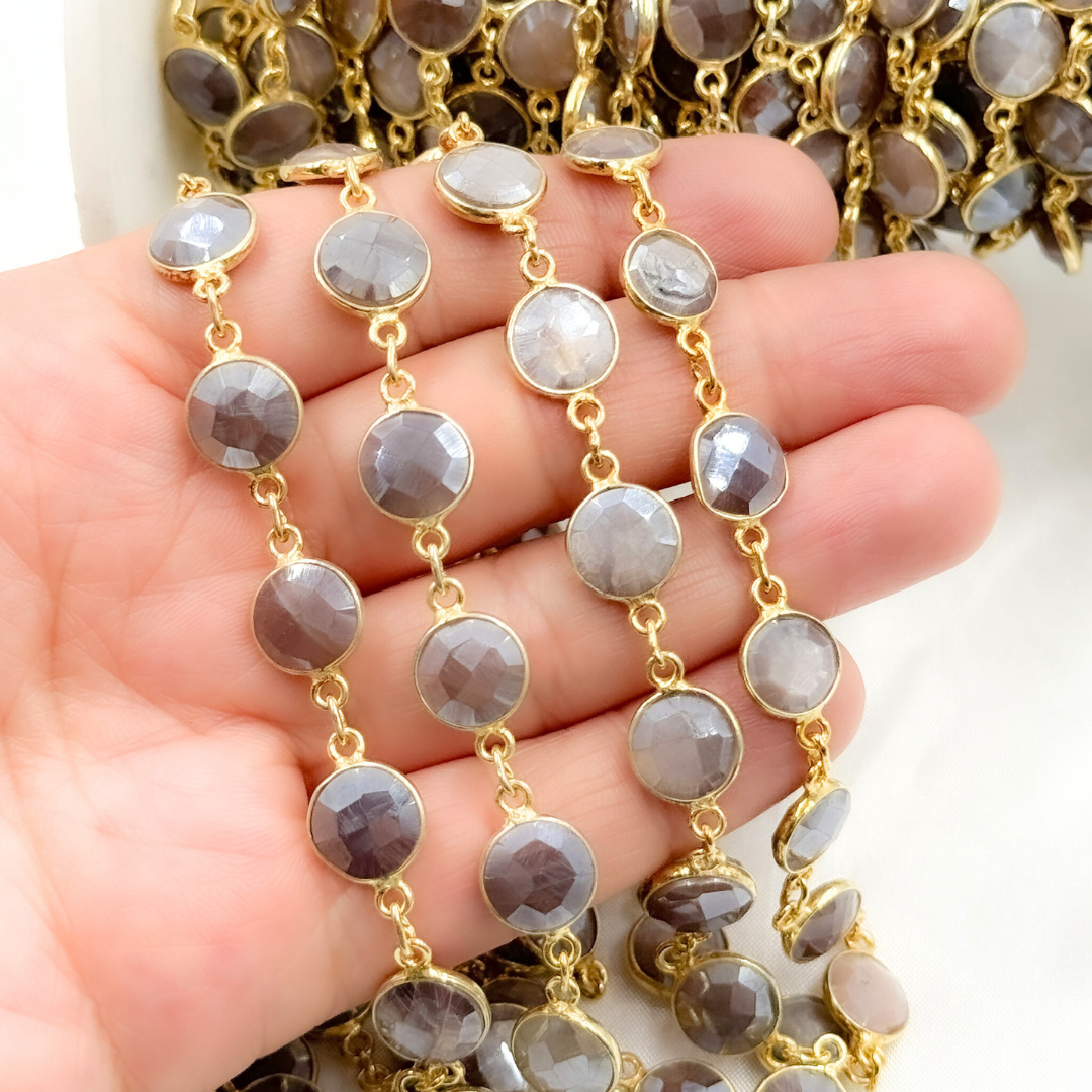 Coated Chocolate Moonstone Round Shape Bezel Gold Plated Wire Chain. CMS112