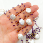 Load image into Gallery viewer, Amethyst & Pearl Round Shape Bezel Gold Plated Wire Chains