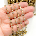 Load image into Gallery viewer, Coated Grey Moonstone Round Shape Bezel Gold Plated Wire Chain. CMS21