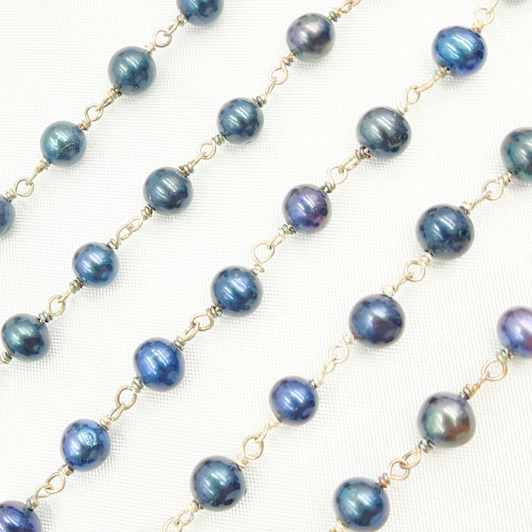 Peacock Pearl Round Shape 925 Sterling Silver Wire Chain. PRL49