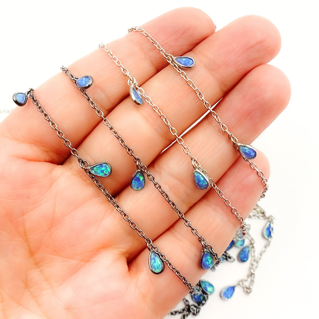 Created Blue Opal Tear Drop Shape Dangle Chain. CBO5