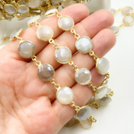 Load image into Gallery viewer, Coated White Moonstone Round Shape Bezel Gold Plated Silver Wire Chain. CMS18