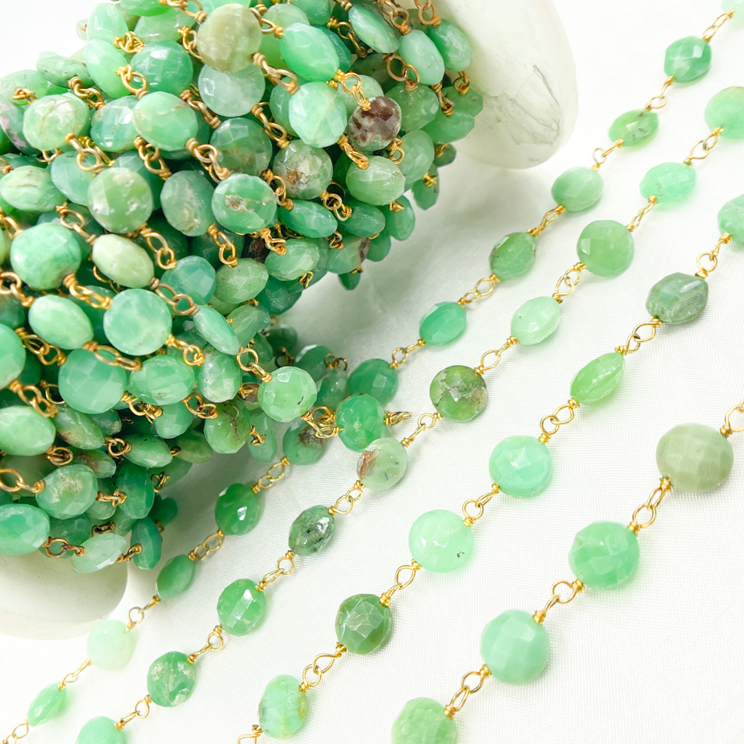 Chrysoprase Coin Shape Gold Plated Wire Chain. CHR16