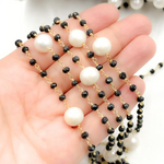 Load image into Gallery viewer, Black Spinel & Pearl Gold Plated 925 Sterling Silver Wire Chain.