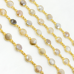 Load image into Gallery viewer, Coated Light Grey Moonstone Round Shape Bezel Gold Plated Wire Chain. CMS113