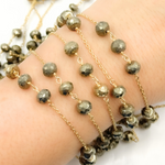 Load image into Gallery viewer, Pyrite Rondel Shape Gold Plated Wire Chain. PYR16