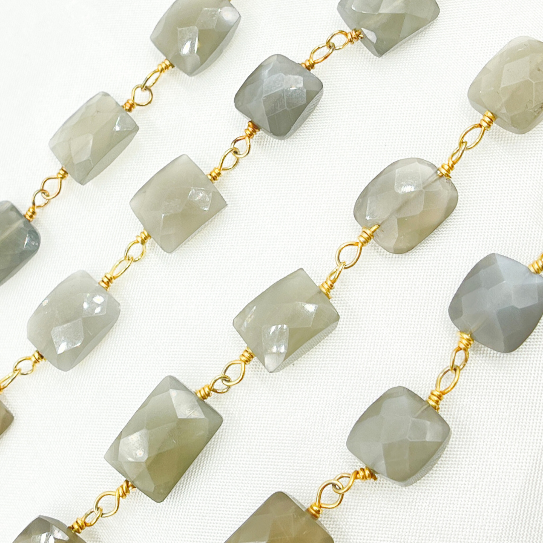 Grey Moonstone Rectangular Shape Gold Plated Wire Chain. MS41