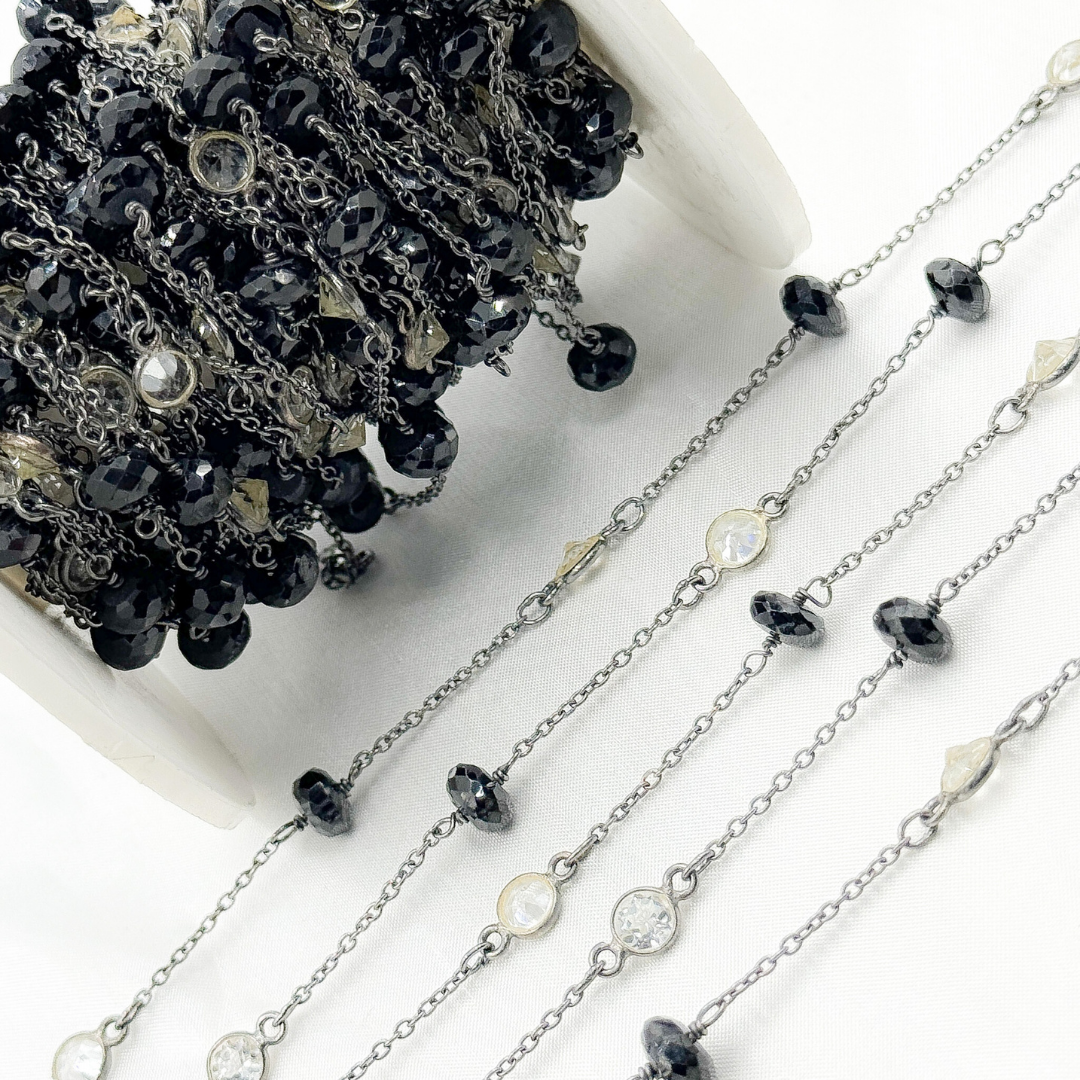 Black Spinel Rondel Shape & White Topaz Oxidized Connected Wire Chain. BSP26